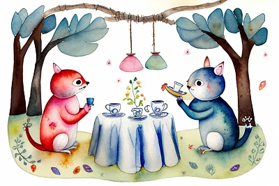 森林生物茶会水彩画