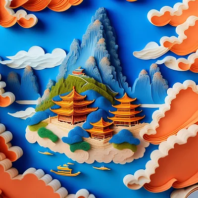 中国传统山水画中的祥云与古建筑群