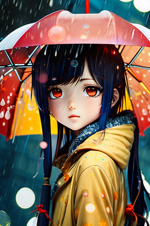 雨中动漫女孩微距插画