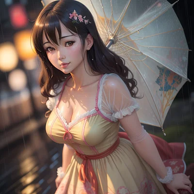 雨中动漫女孩微距艺术插画