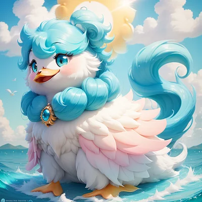 绿松石蓝色蓬松天鹅动漫风格