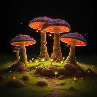 夜晚草地红色发光植物与萤火虫