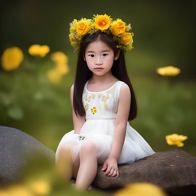 女孩岩石上白色连衣裙花冠