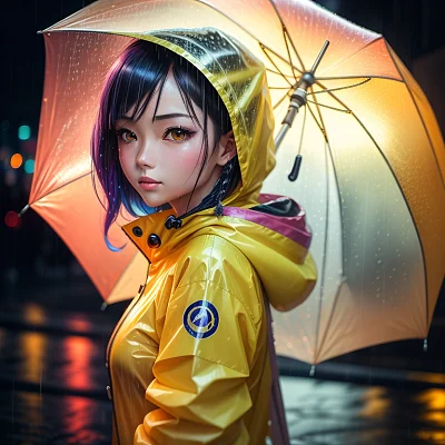 阴天动漫女孩雨衣下打伞