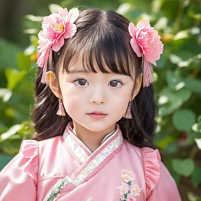 中国小女孩穿粉红连衣裙戴花特写肖像