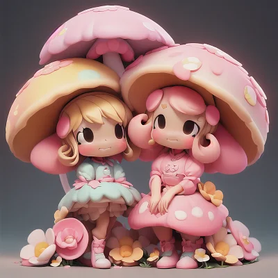 卡哇伊蘑菇与花朵彩色动画风格