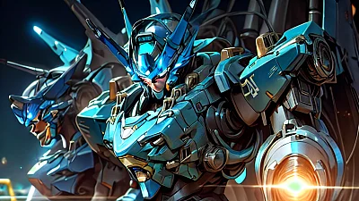 迪士尼风格蓝色机甲战士室外夜景