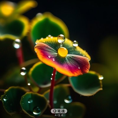 多彩斑驳太阳下水滴点缀的马齿苋树