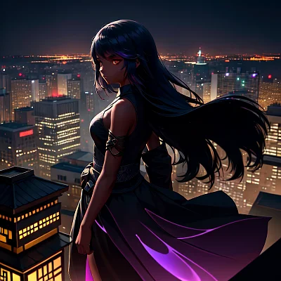 黄昏屋顶神秘女孩插画
