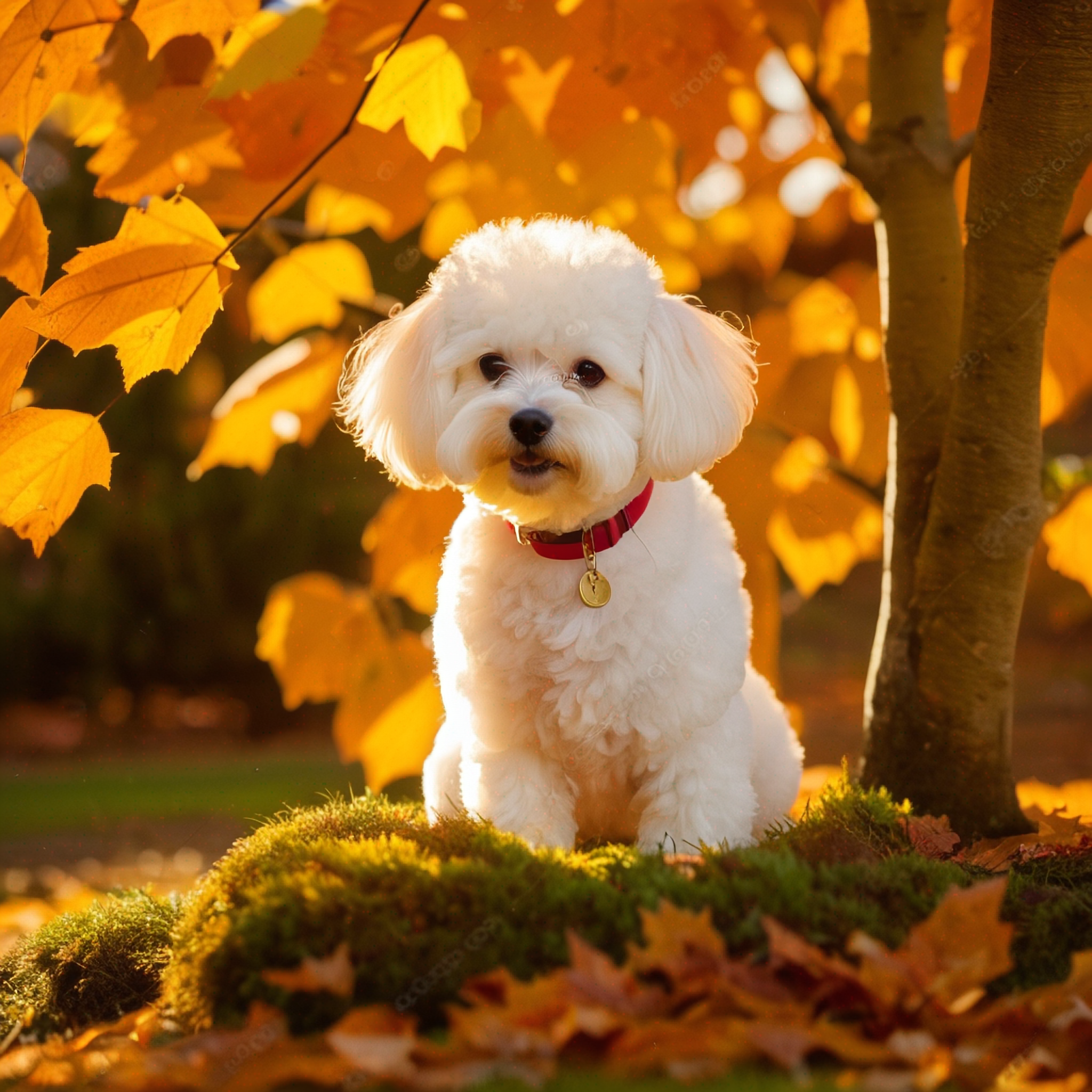 秋日树下比熊犬阳光