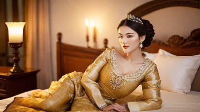 古典美女传统服饰梨花木床边含情脉脉
