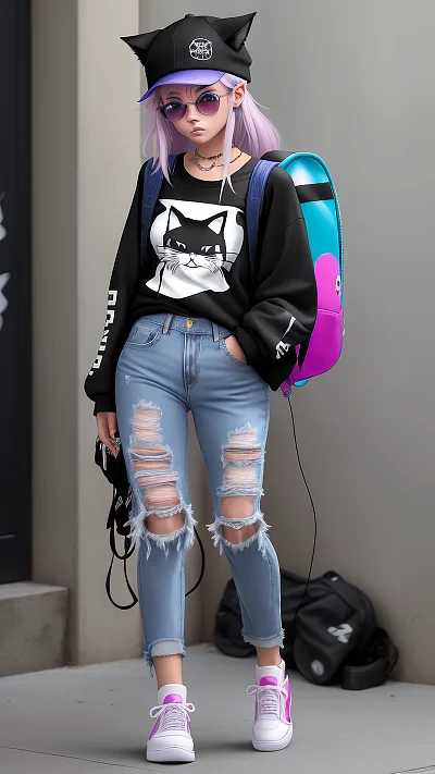 酷帅猫耳少女街头时尚穿搭