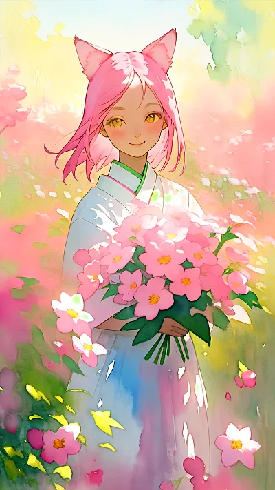 猫耳少女粉色花园水彩画