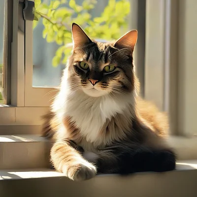 窗台上的猫咪沐浴阳光宁静凝视