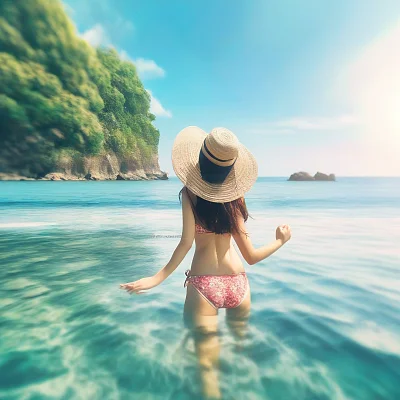 夏日海滩美女比基尼天空高清画面