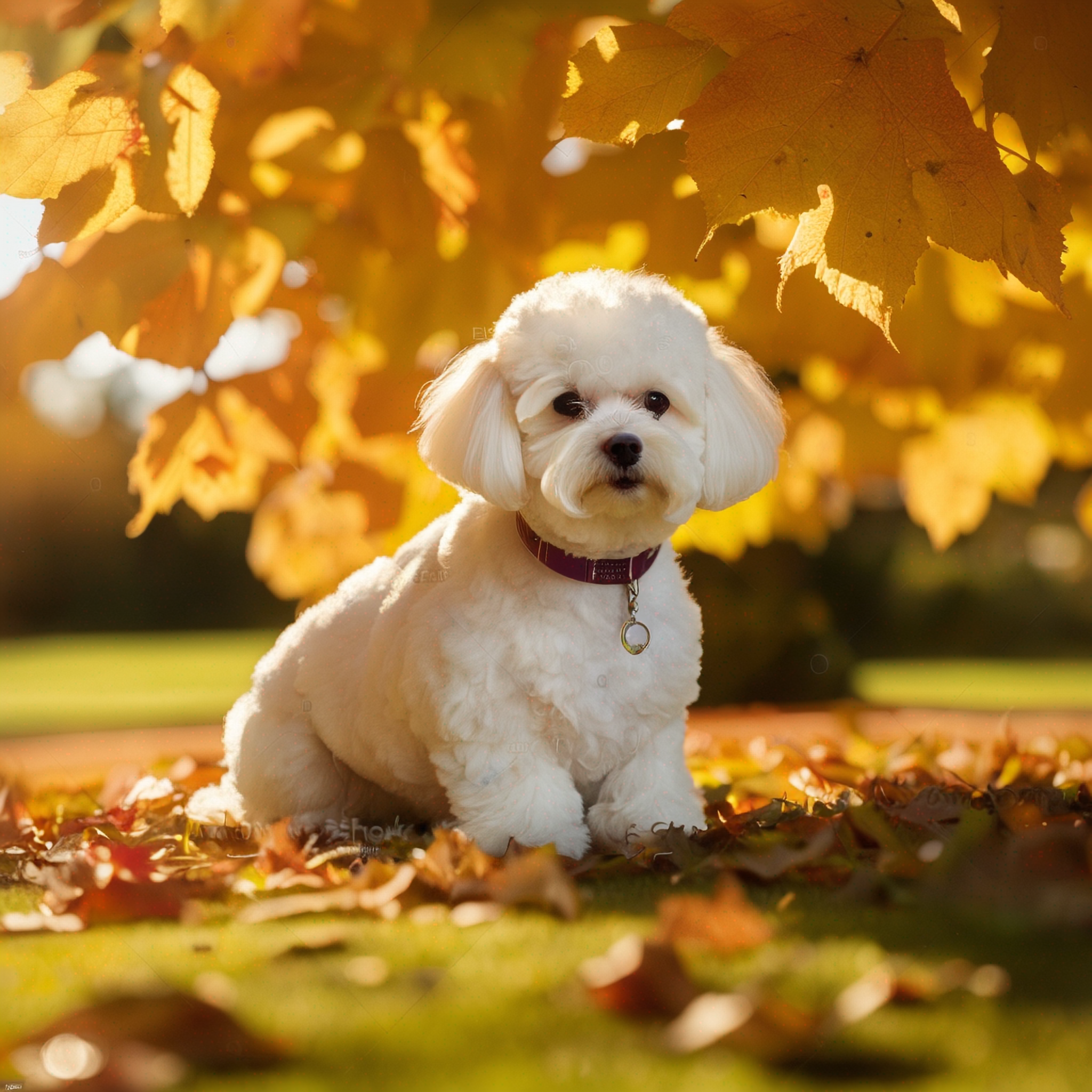 秋日树下比熊犬阳光照耀