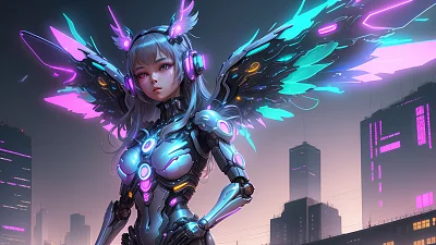 赛博朋克风格机器人女孩插图