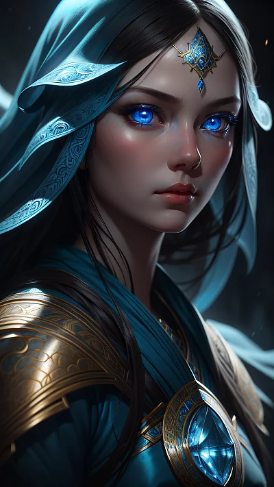 蓝色眼睛神秘少女艺术插画 