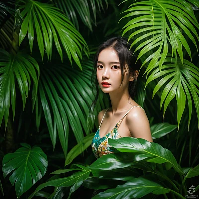 热带雨林中20岁少女半身像摄影