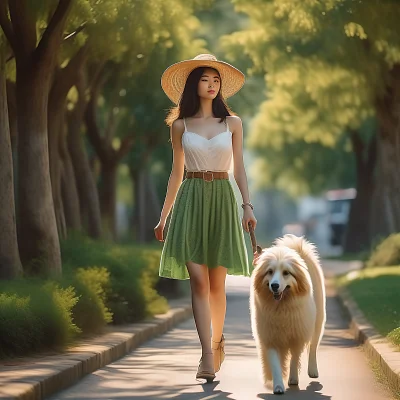 蕾丝长裙美女街边遛牧羊犬