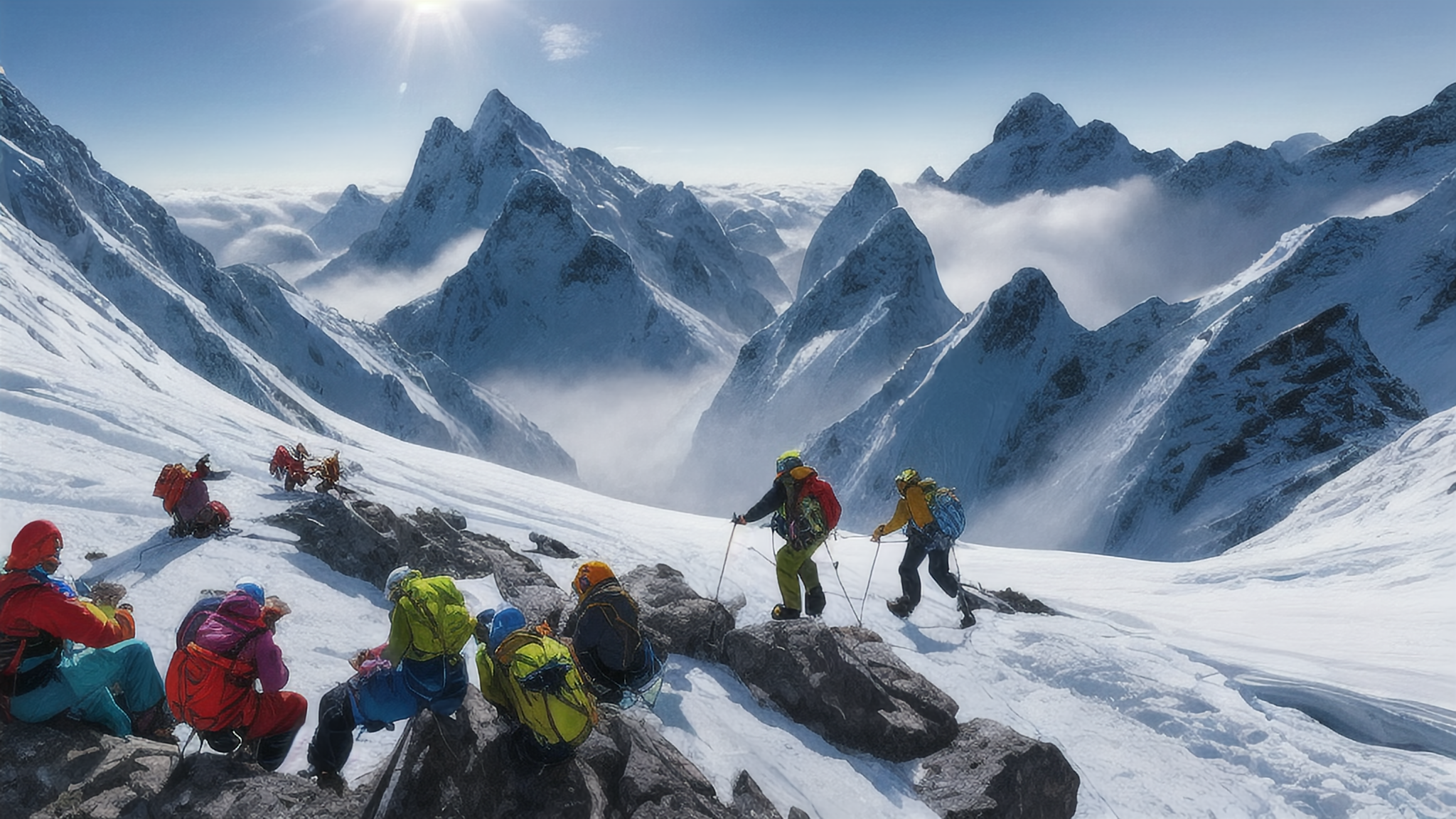 雪山探险者攀登风景画