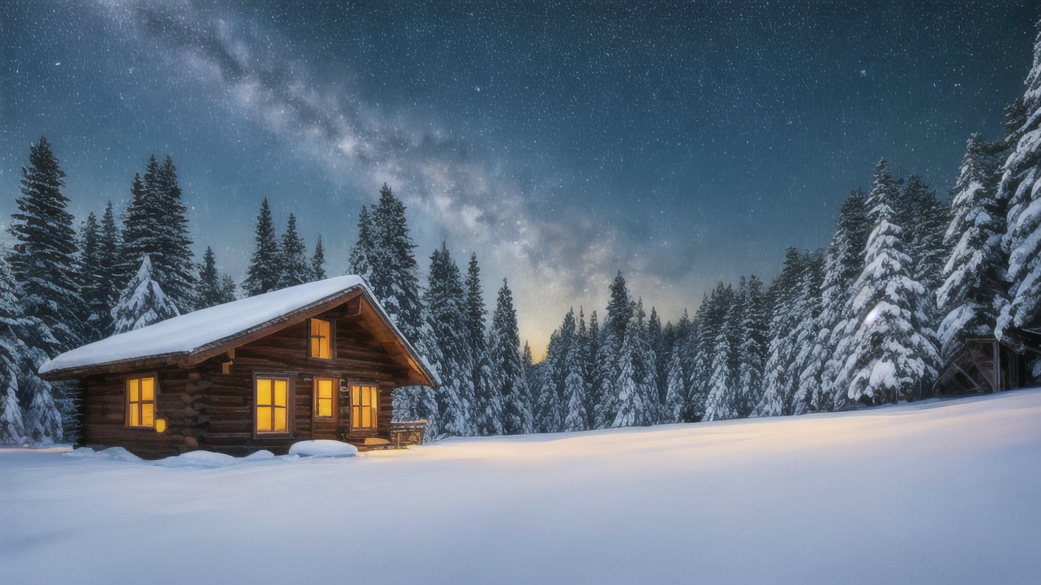 雪山星空下的宁静木屋