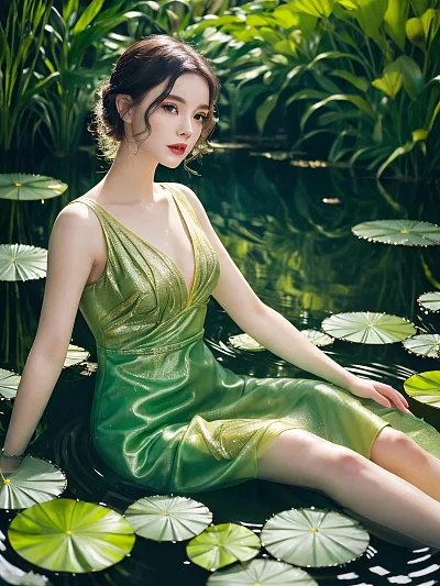 金色睡莲池塘中的时尚女孩