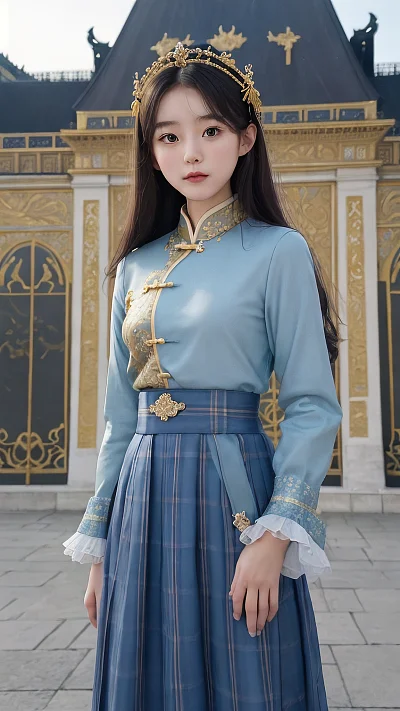 靛蓝黄昏下的凡尔赛宫少女