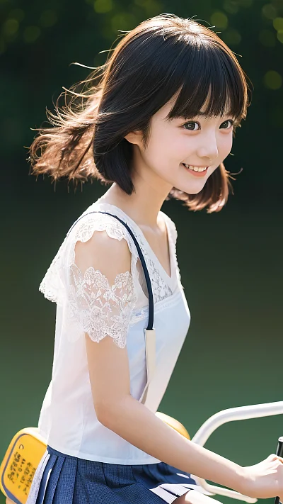 夏日日本高中女生骑车风情