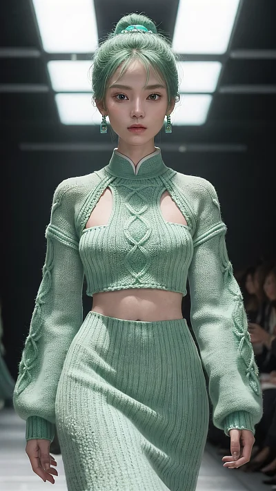中国古代艺术风格绿色套头衫女子走秀
