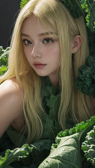 年轻女子金色长发躺绿色甘蓝中肖像