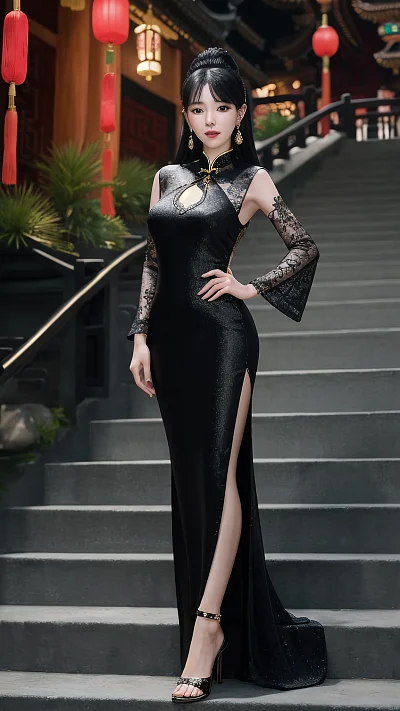 中国女性黑发戴珠宝穿黑色连衣裙楼梯上
