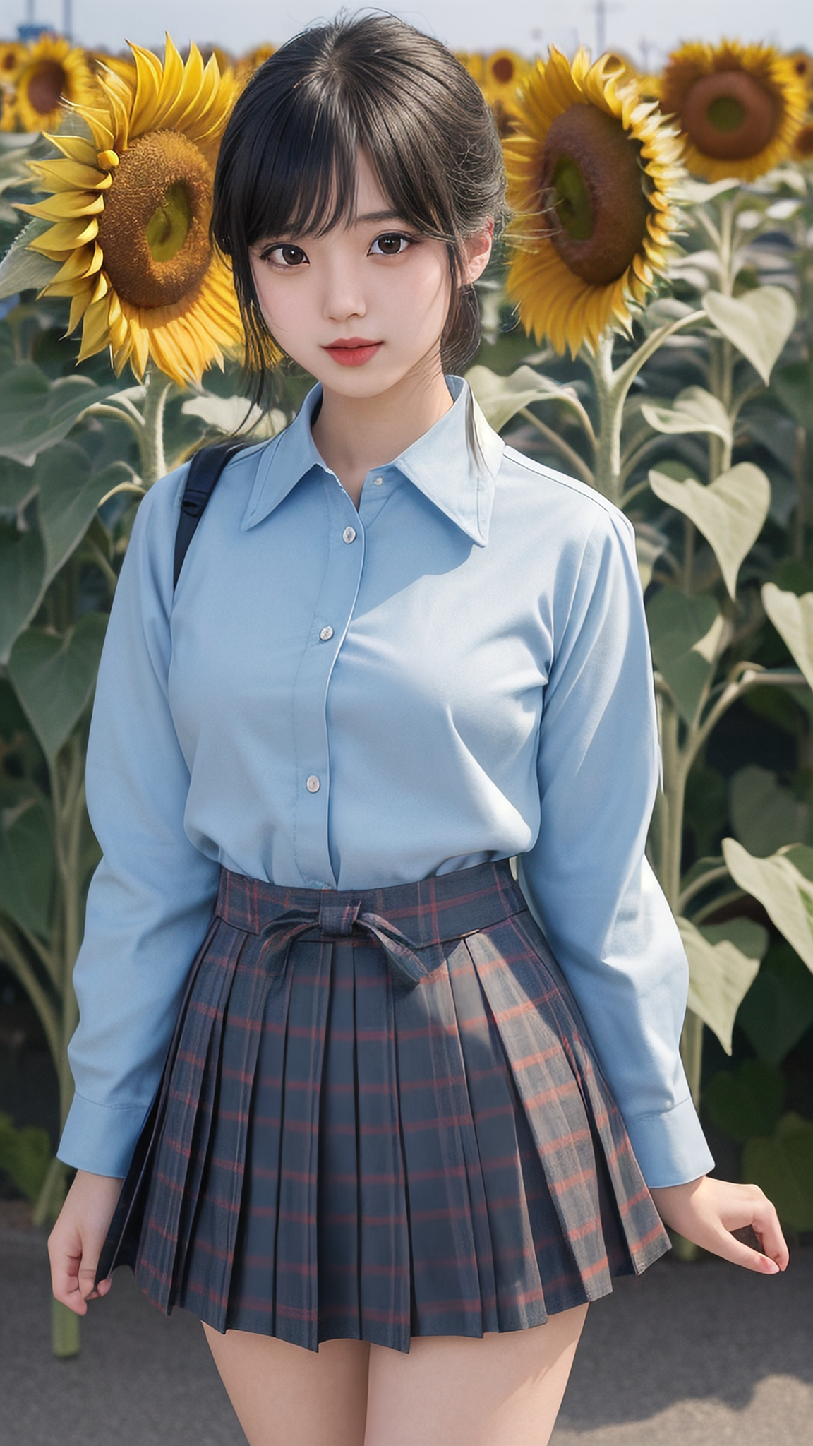 俏皮风格女学生穿日本制服与向日葵