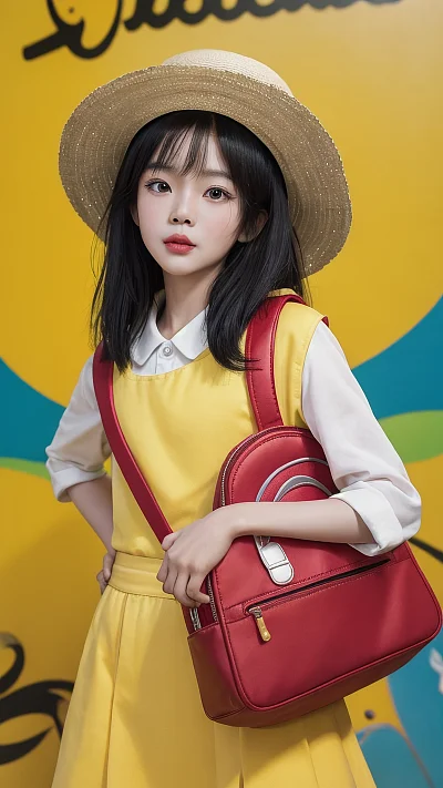 亚洲孩子戴黄帽背红背包广告风格