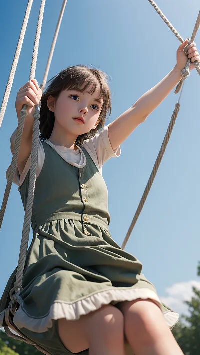 仰视视角下的秋千少女动感摄影