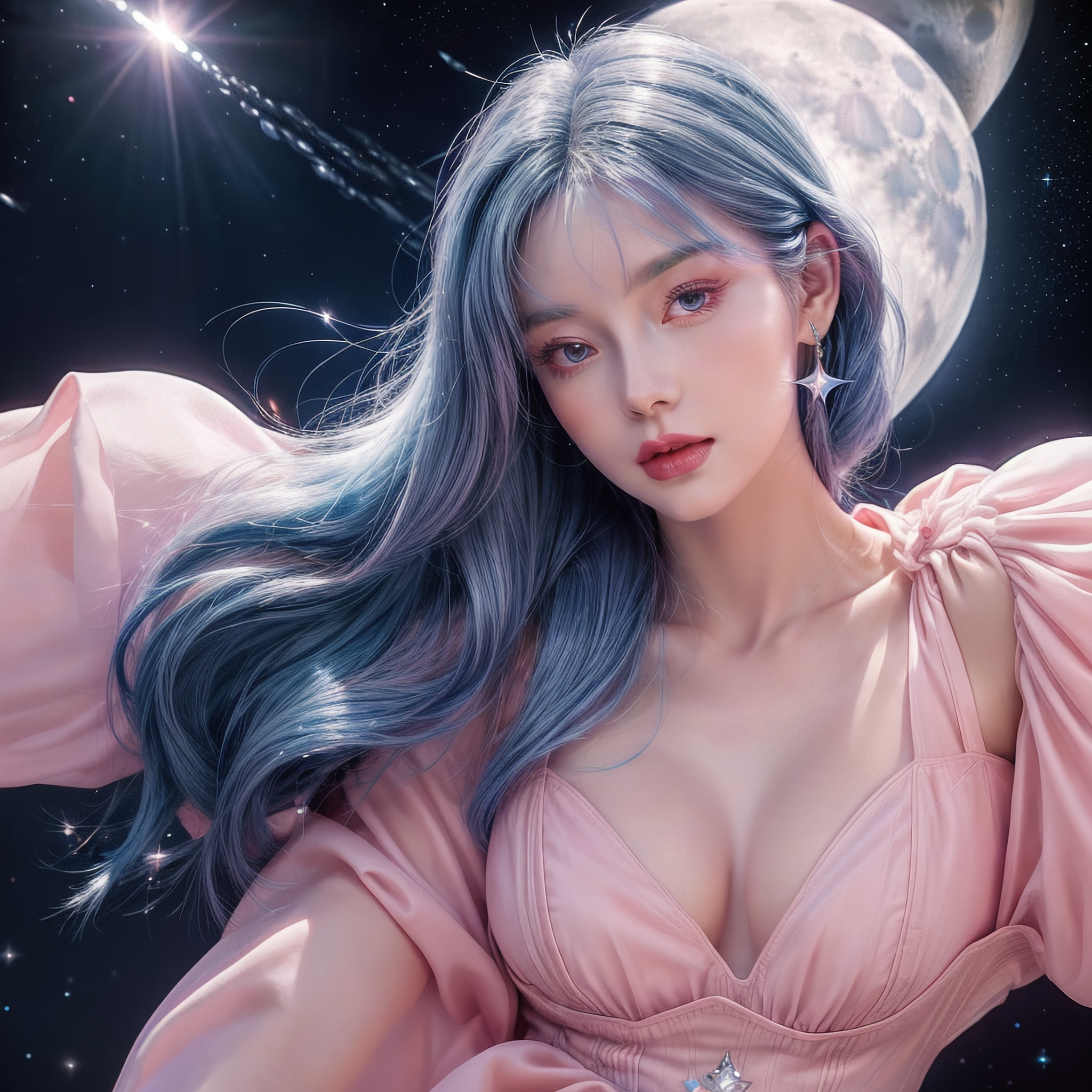 星空下的粉蓝发丝女神