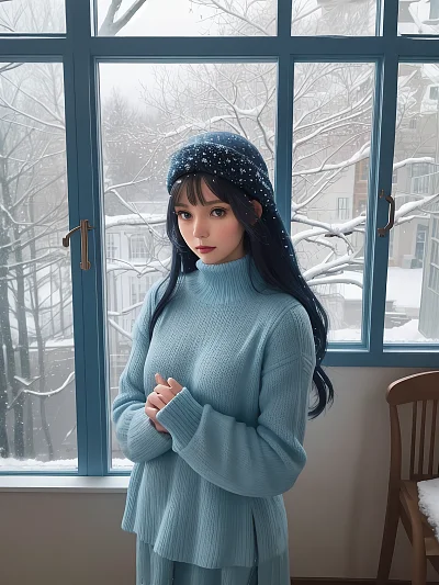 冬日室内少女凝视窗外雪景
