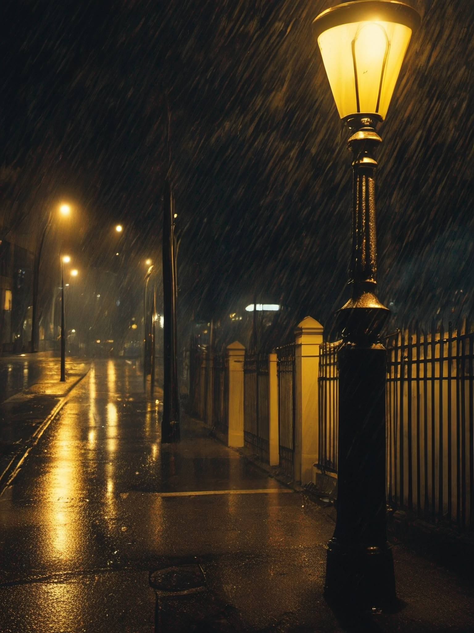 夜晚雨中灯柱特写剧照