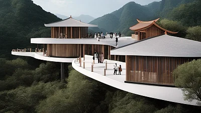 现代简约中式山峰楼阁设计