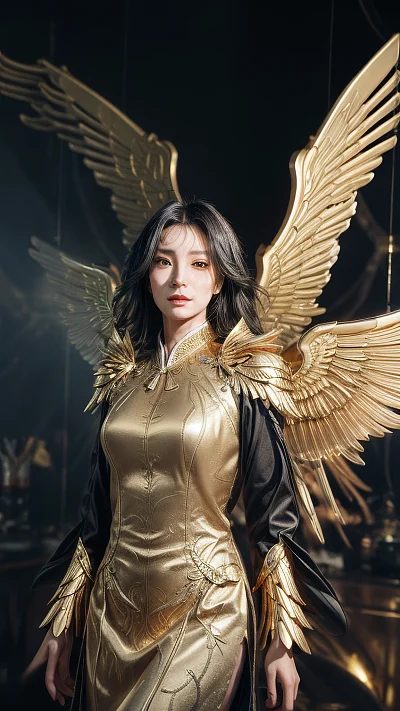 金色凤凰机械翅膀连衣裙