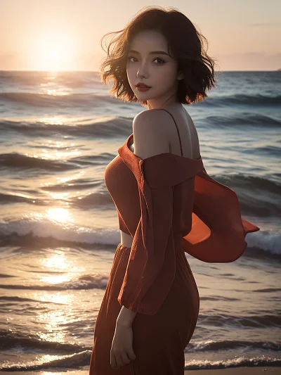 海边日出女孩背光摄影