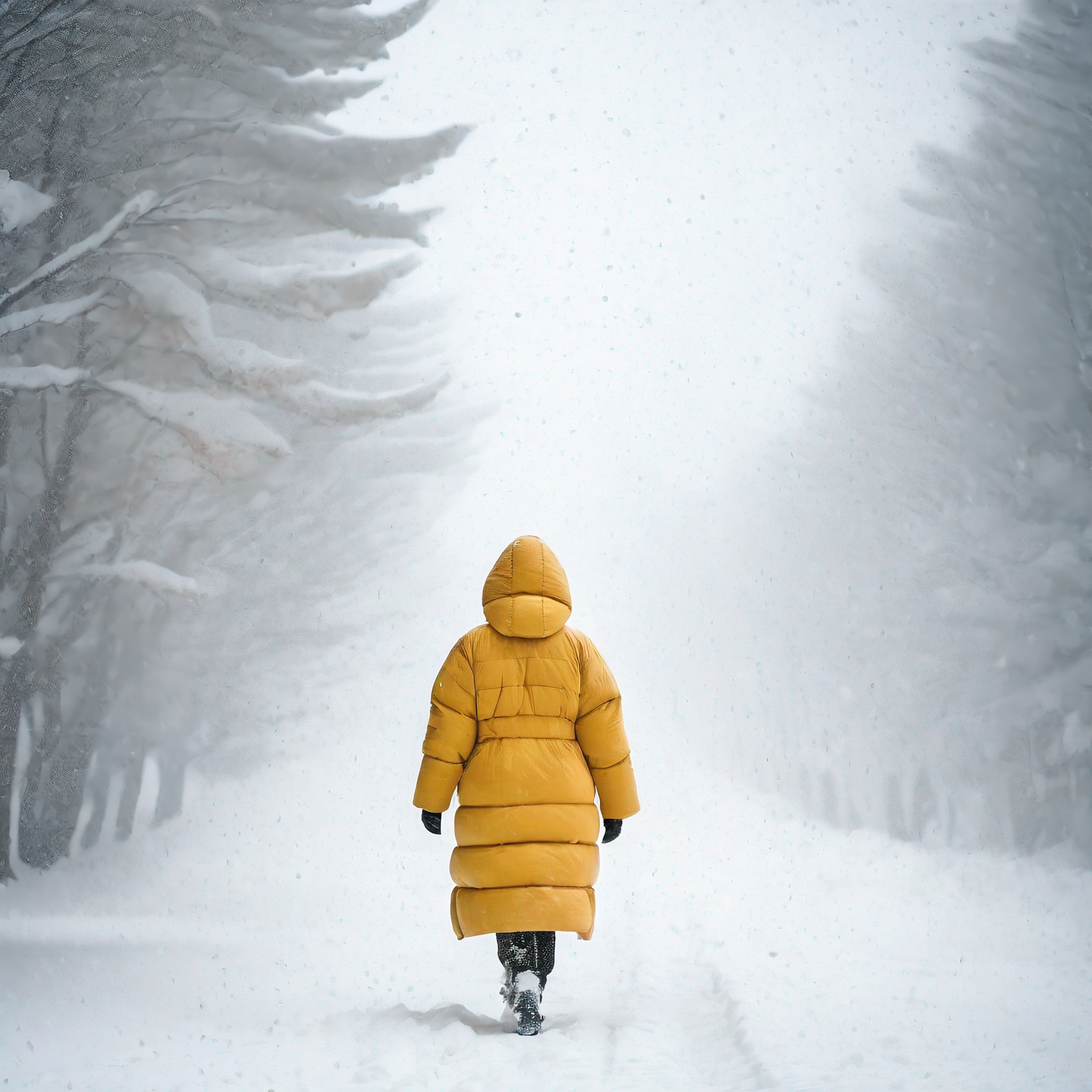 亚洲女性暴风雪中穿超大蓬松夹克