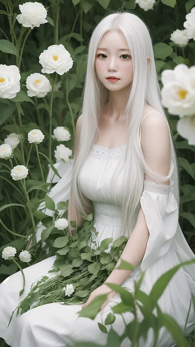 白发女孩绿色田野温馨照