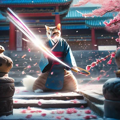 汉服猫剑士在寺庙中战斗的童话场景