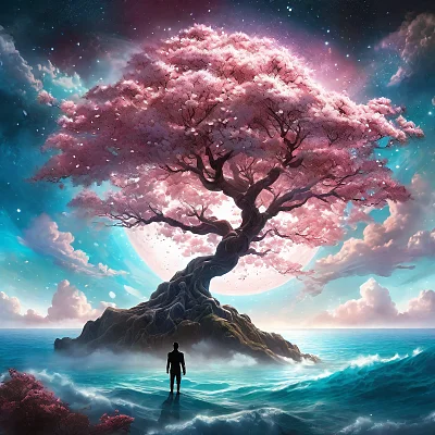 宇宙樱花树下的星际旅人