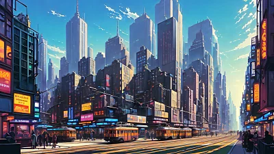 未来主义纽约街道动漫风格插图