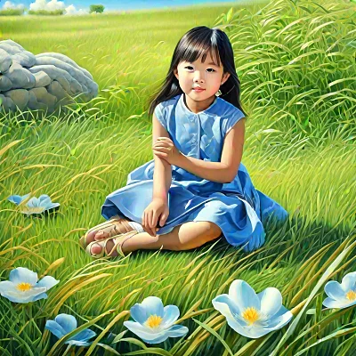 儿插风格小女孩草地蓝天