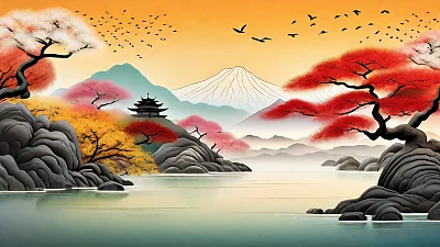 日本四季风景书道艺术