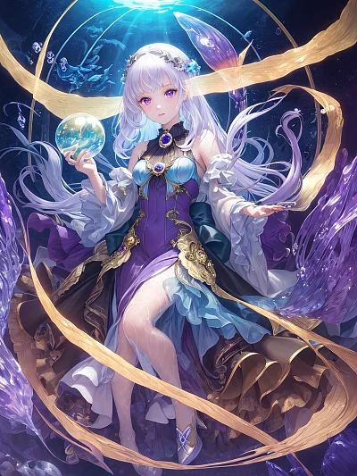 神秘水下圆顶白发少女插画