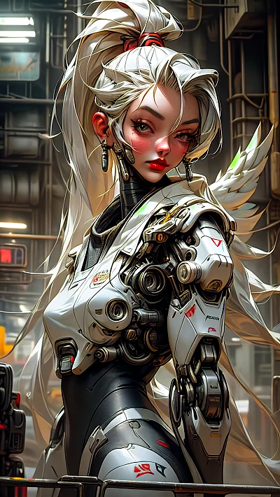 银色长发红唇机械身体赛博朋克女
